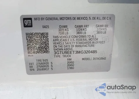 2021 GMC Sierra 1500 4Wd Short Box At4 из США, поврежденный, VIN 3GTU9EET3MG320485